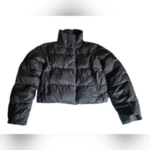 Alo Yoga Black Gold Rush Puffer Jacket EUC Zip & Snap Close Drawstring Waist XS